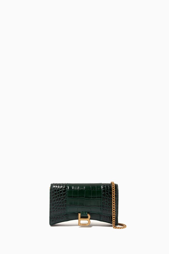 

Hourglass Mini Wallet on Chain in Shiny Crocodile Embossed Calfskin, Green