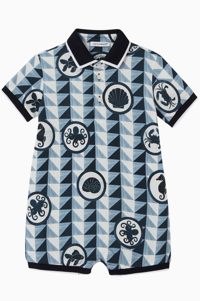 

Marine Animal Majolica Cotton Piqué Onesie, Blue