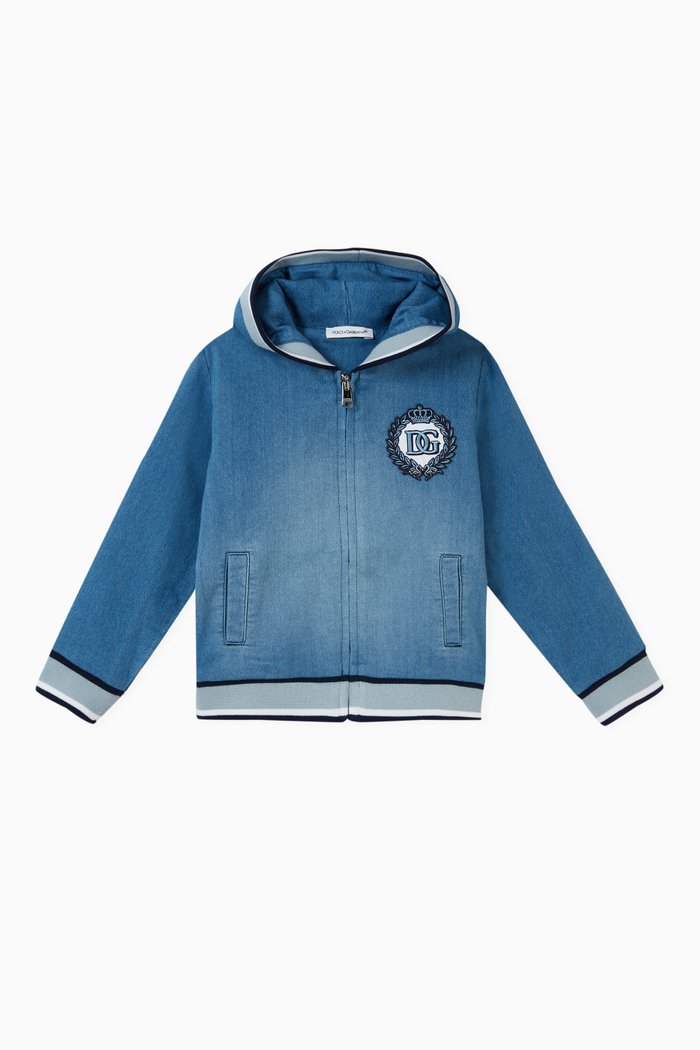 

Zip Hoodie in Stretch Cotton Denim, Blue