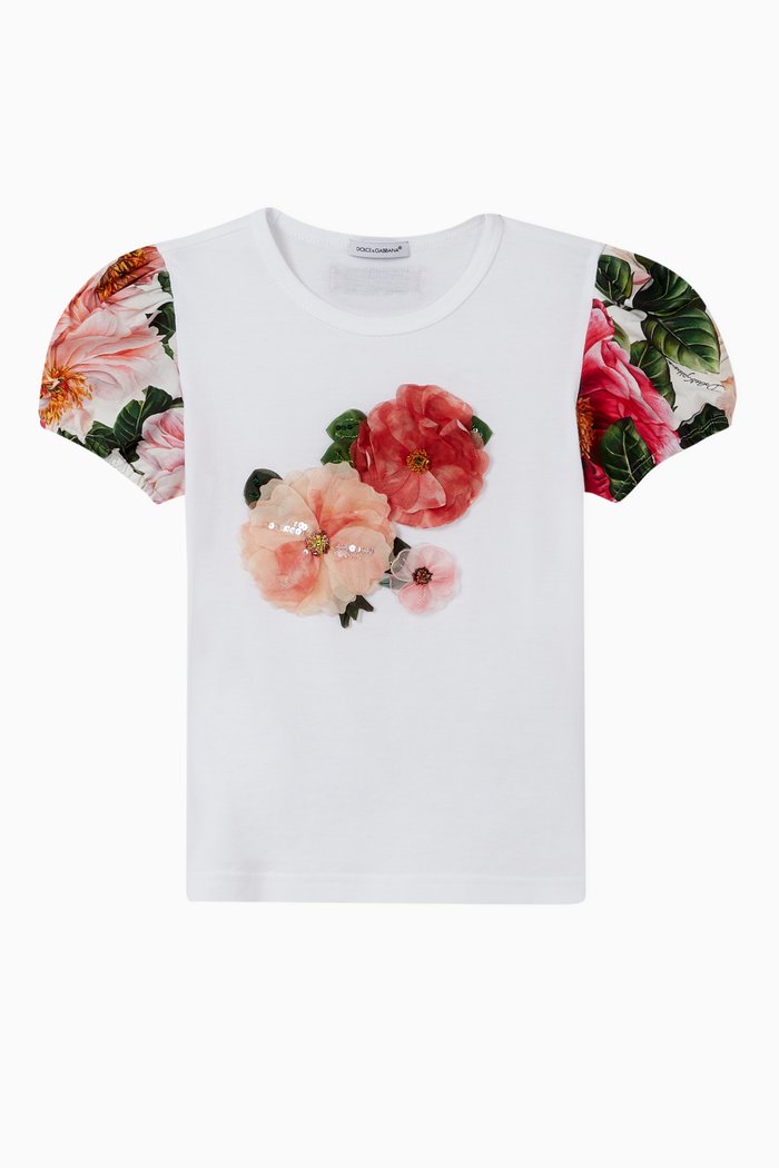 

Camellia Cotton T-shirt with Flower Appliqué, White