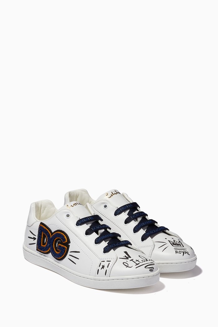 

Hand-painted Sneakers with DG Patch in Leather, White