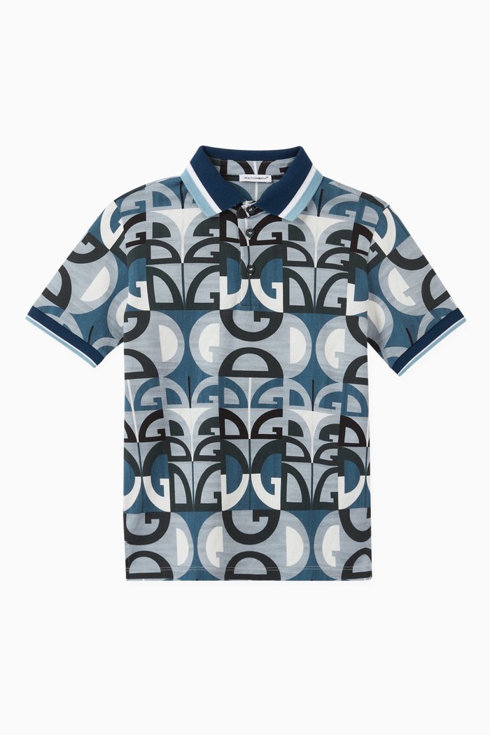

Polo Shirt in Geometric DG-print Cotton Piqué, Blue