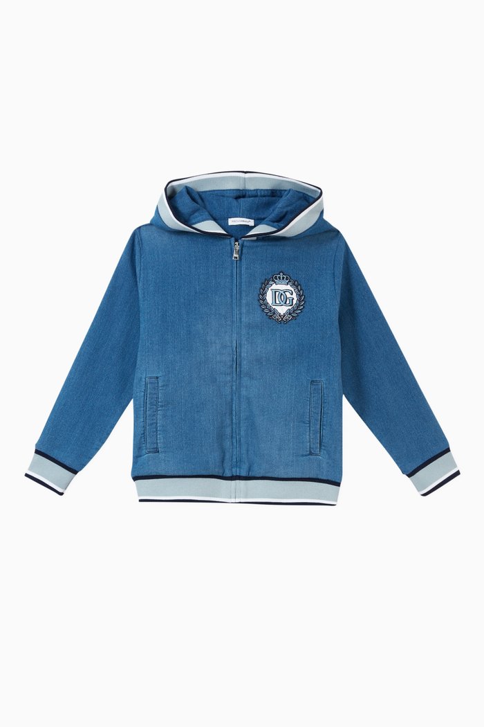 

Hoodie with Zip in Stretch Cotton Denim, Blue