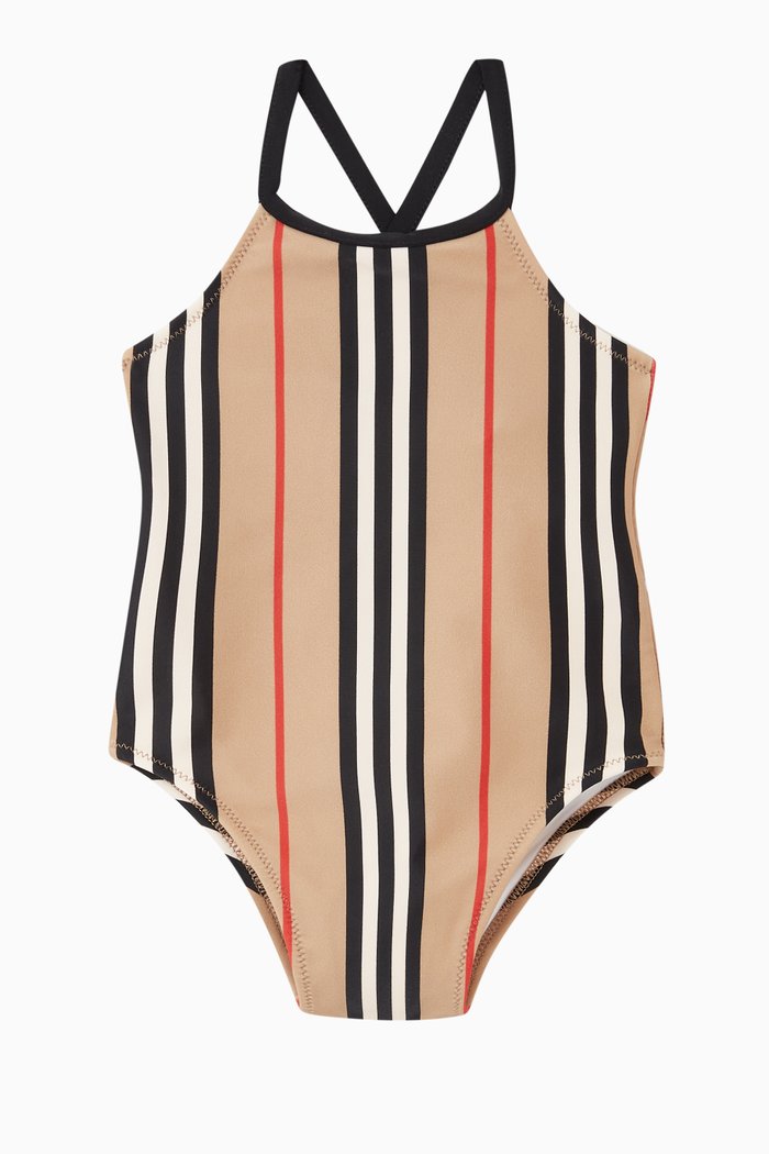 

Icon Stripe Nylon Swimsuit, Neutral