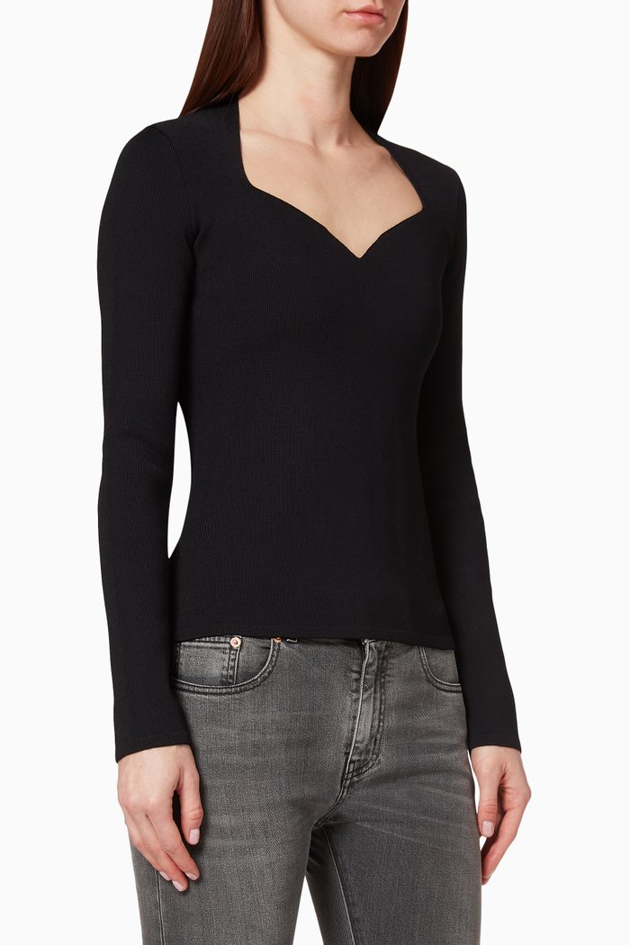 

Heart Neckline Ribbed Top in Viscose-Blend, Black