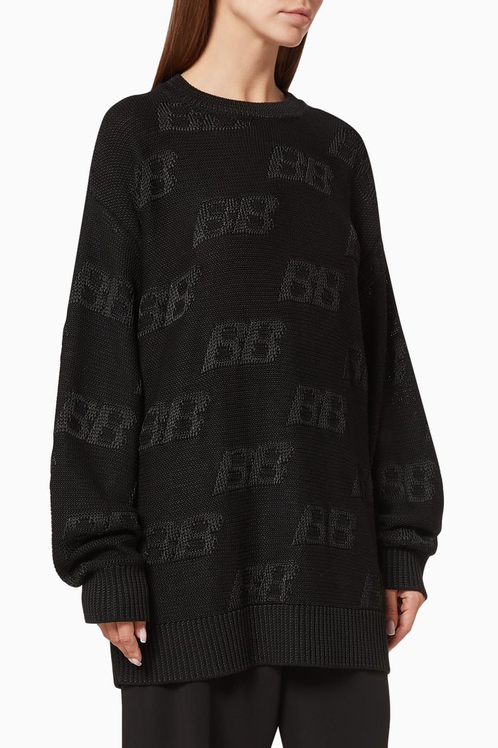 

Allover BB Logo Crewneck in Cotton-Blend Jacquard Knit, Black