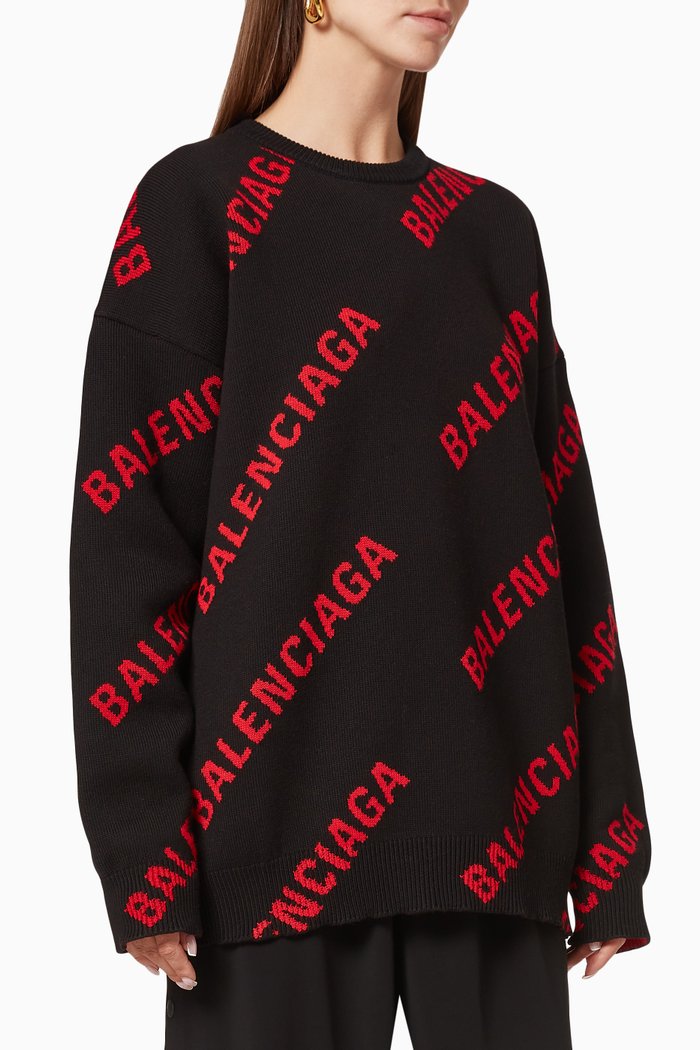 

Allover Logo Crewneck in Cotton-Wool Jacquard Knit, Black