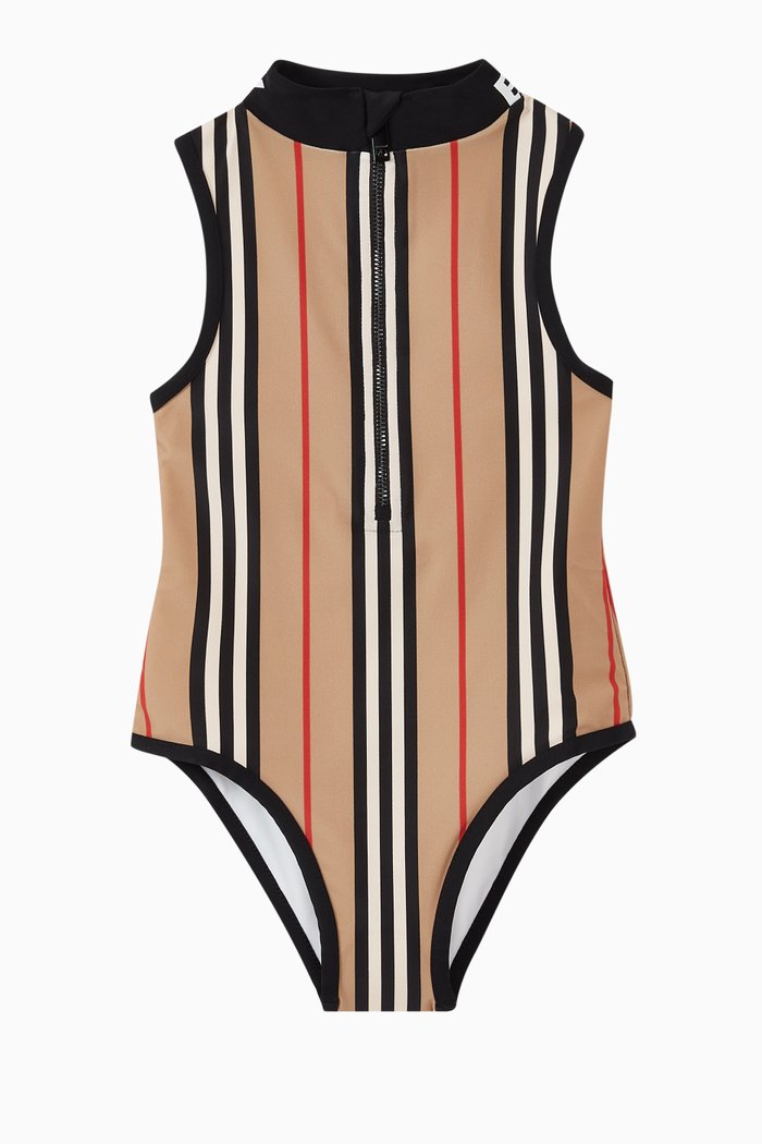 

Icon Stripe Zip-front Swimsuit, Neutral