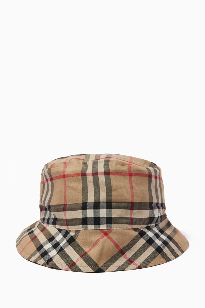 

Reversible Bucket Hat in Vintage Check and Icon Stripe, Neutral
