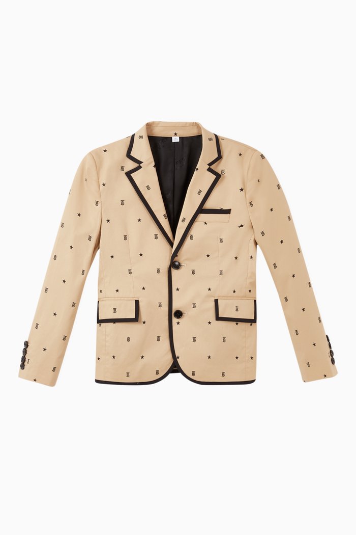 Star and Monogram Motif Stretch Cotton Blazer, Neutral