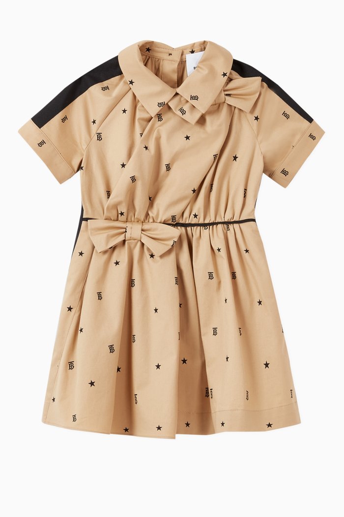 Star & Monogram Motif Stretch Cotton Dress, Neutral