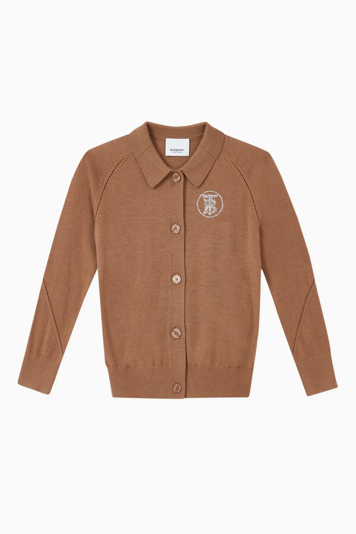 Crystal Monogram Motif Merino Wool Cardigan, Neutral