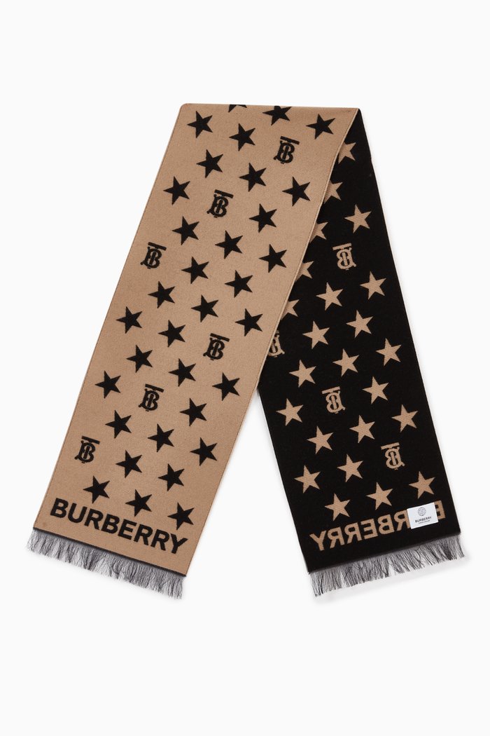 

Star & Monogram Motif Scarf in Wool-Cotton Jacquard, Neutral