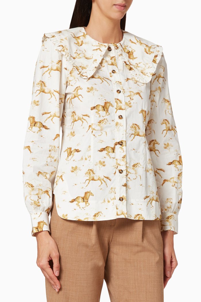 Horse Print Cotton Poplin Shirt, White