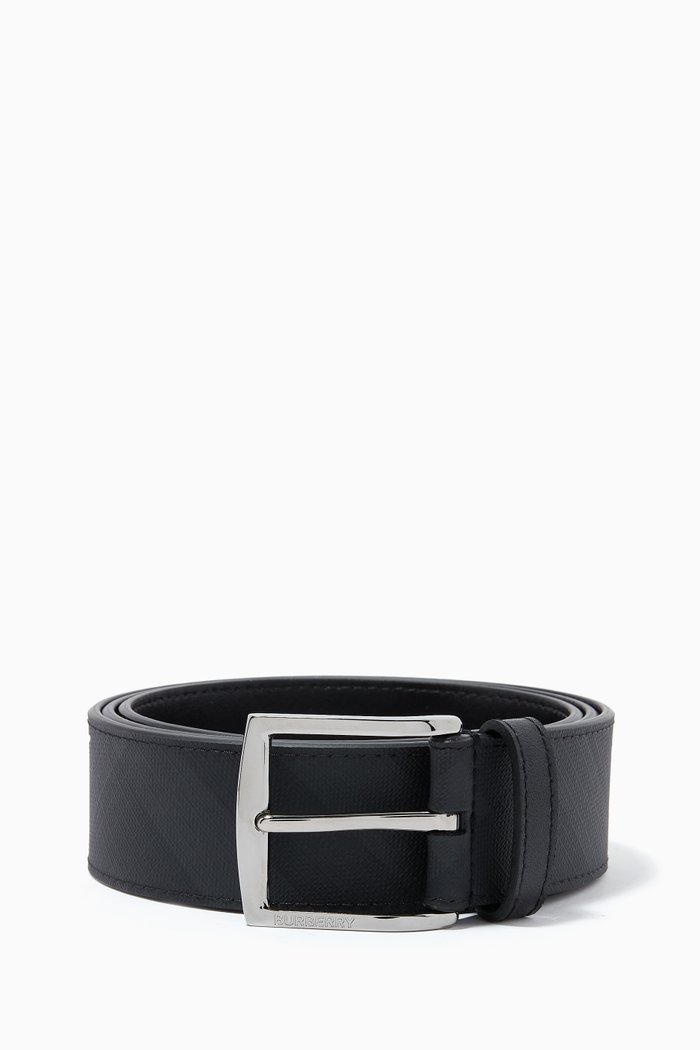 Belt in London Check Canvas and Leather, Grey