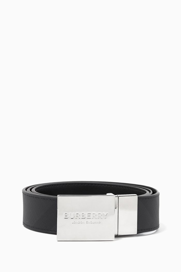 

Reversible Plaque Buckle in London Check Canvas and Leather, Grey