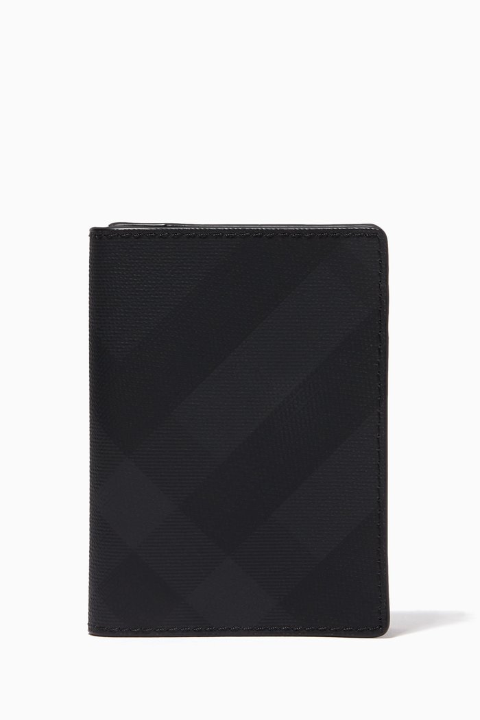 

Folding Card Case in London Check Canvas and Leather, Grey