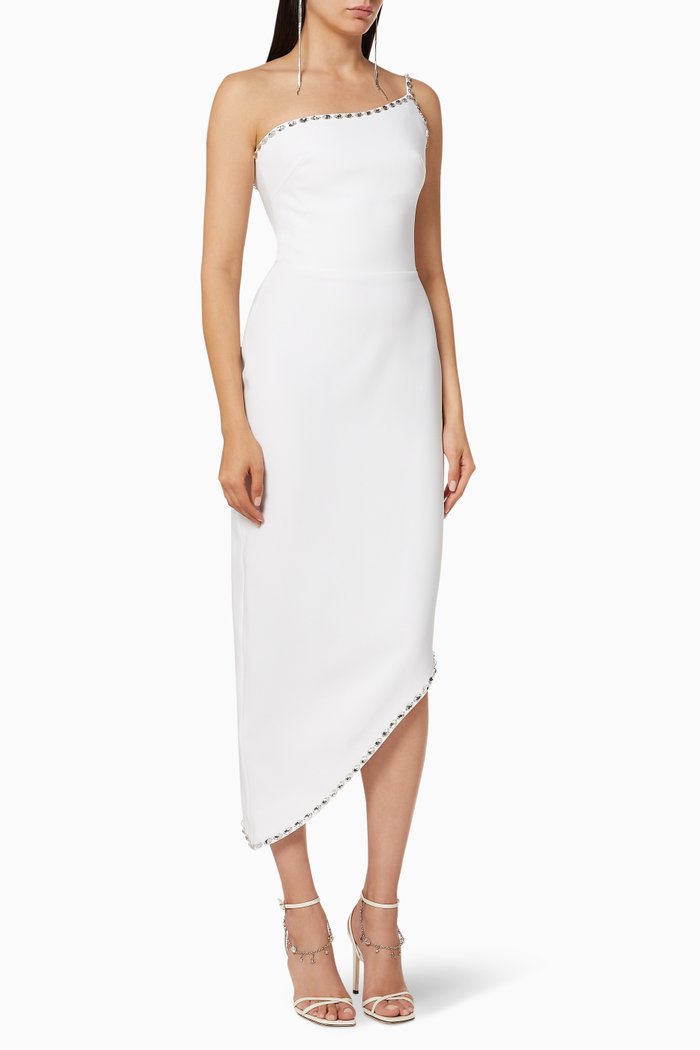 

Asymmetric Crystal Crepe Dress, White