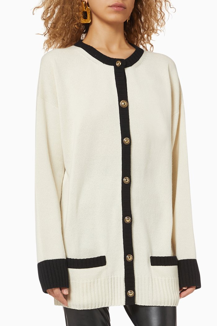 

Long Contrasting Trim Cashmere Cardigan, Neutral