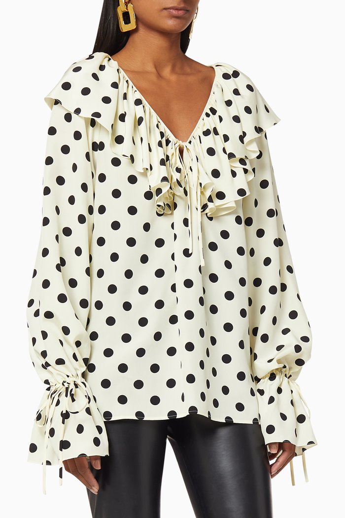 

Frilled Polka-Dot Silk Crêpe de chine Blouse, Black
