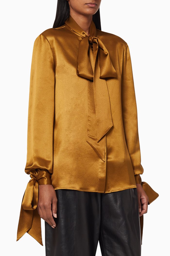 Lavallière-Neck Silk Satin Crêpe Blouse, Gold