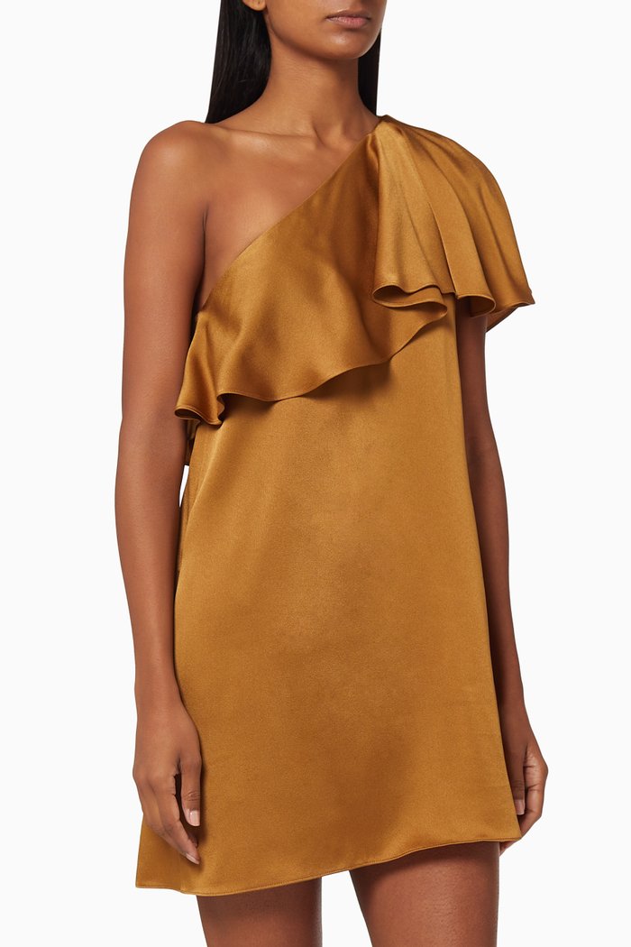 

One-Shoulder Ruffle Satin Crêpe Mini Dress, Gold