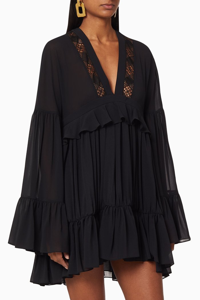 

Embroidered Lace Silk Crêpe Muslin Dress, Black