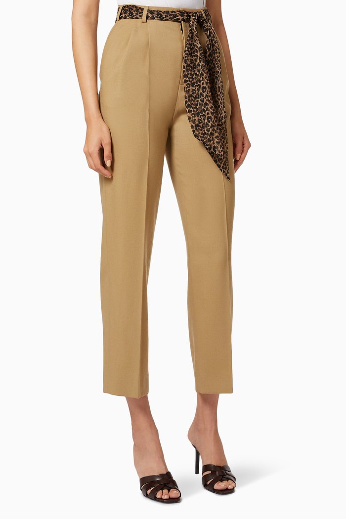 

Wool Gabardine Pants with Leopard-print Silk Belt, Neutral