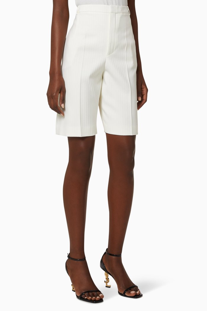 

Chainette Striped Wool Tailored Bermuda Shorts, White