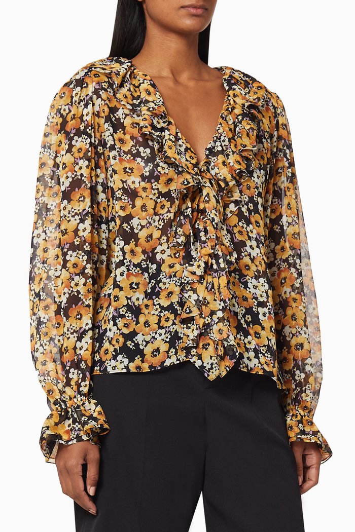 Frilled-Tie Floral Silk Georgette Blouse, Multicolour