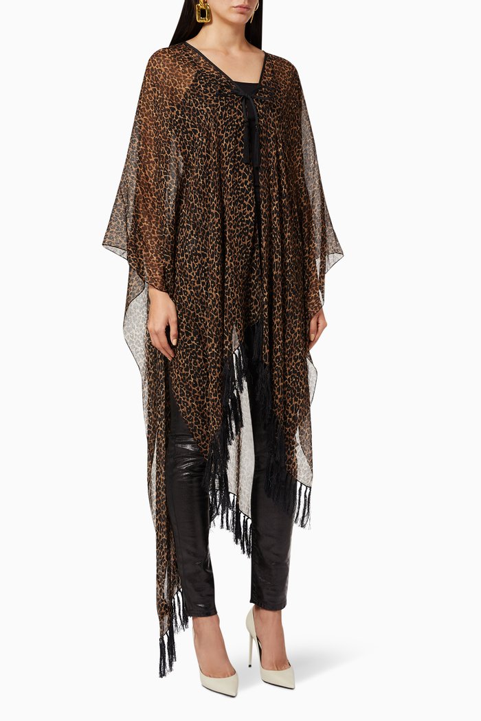 

Leopard-print Wool Etaminé Poncho with Silk Tassels, Brown