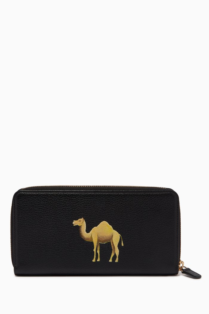 

Camel Zipped Travel Wallet in Leather, Black