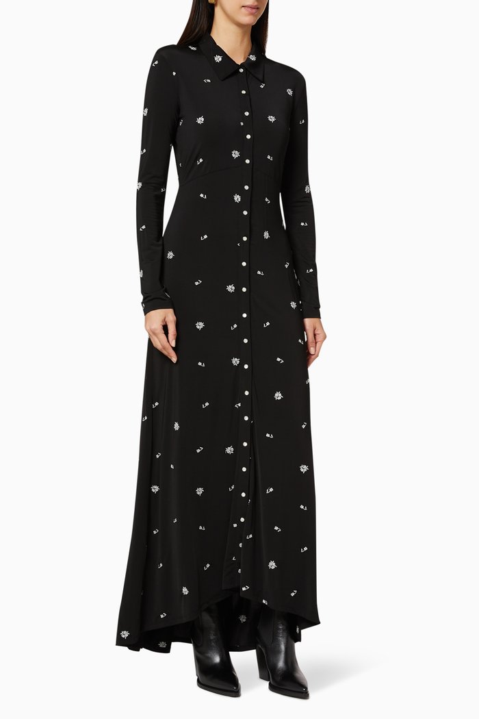 

Embroidered Jersey Maxi Shirt Dress, Black