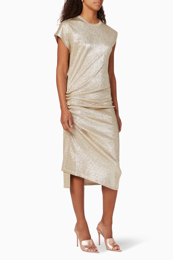 

Metallic Buttoned Ruched Dress, Gold