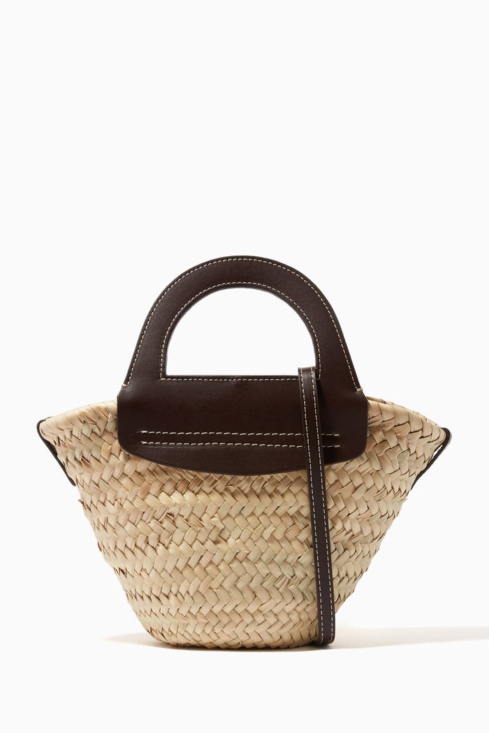 

Mini Cabas Tote Bag in Straw & Leather, Brown