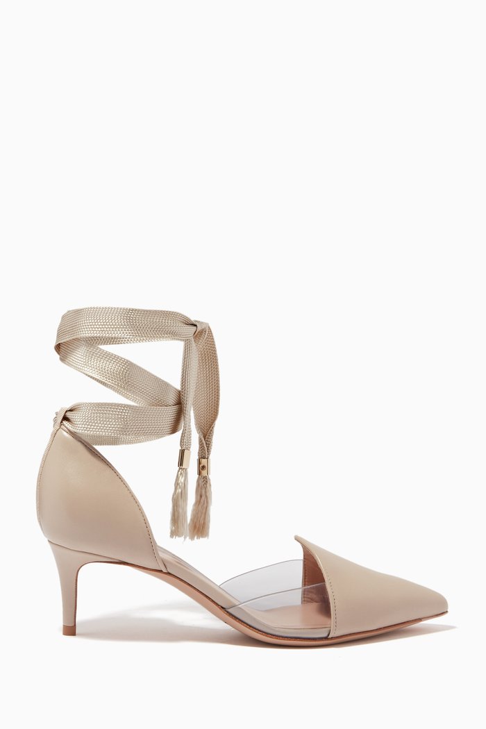 

Ribbon Tie Kitten Heel Pumps in Leather, Neutral