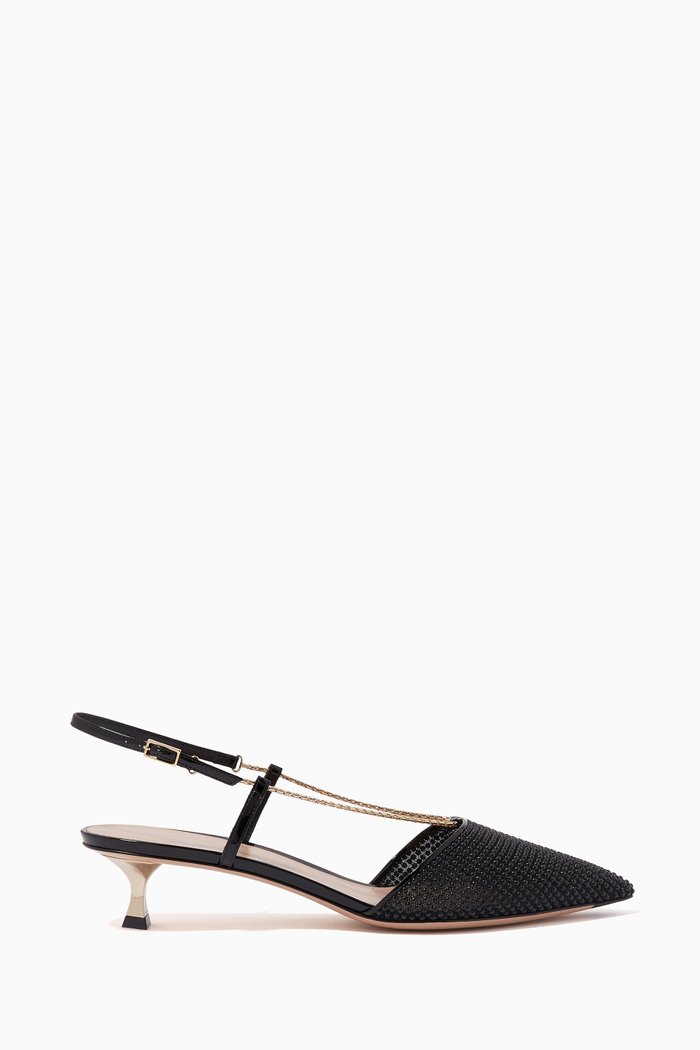 Beaded Slingback Heel Sandals in Leather, Black