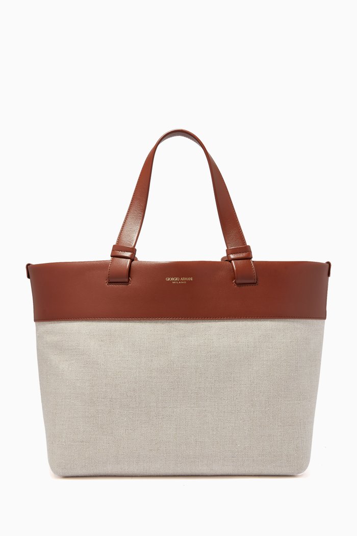 

Colour-block Medium Tote Bag in Canvas & Leather, Brown