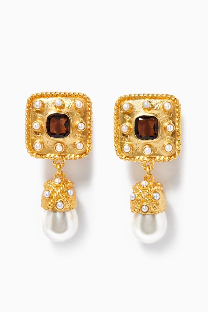 

Anona Earrings with Smoky Quartz & Pearls in 24kt Gold Plating, Brown