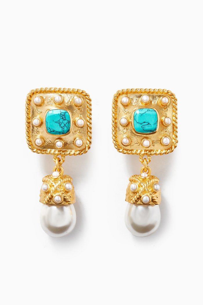 

Anona Earrings with Turquoise & Pearls in 24kt Gold Plating, Blue