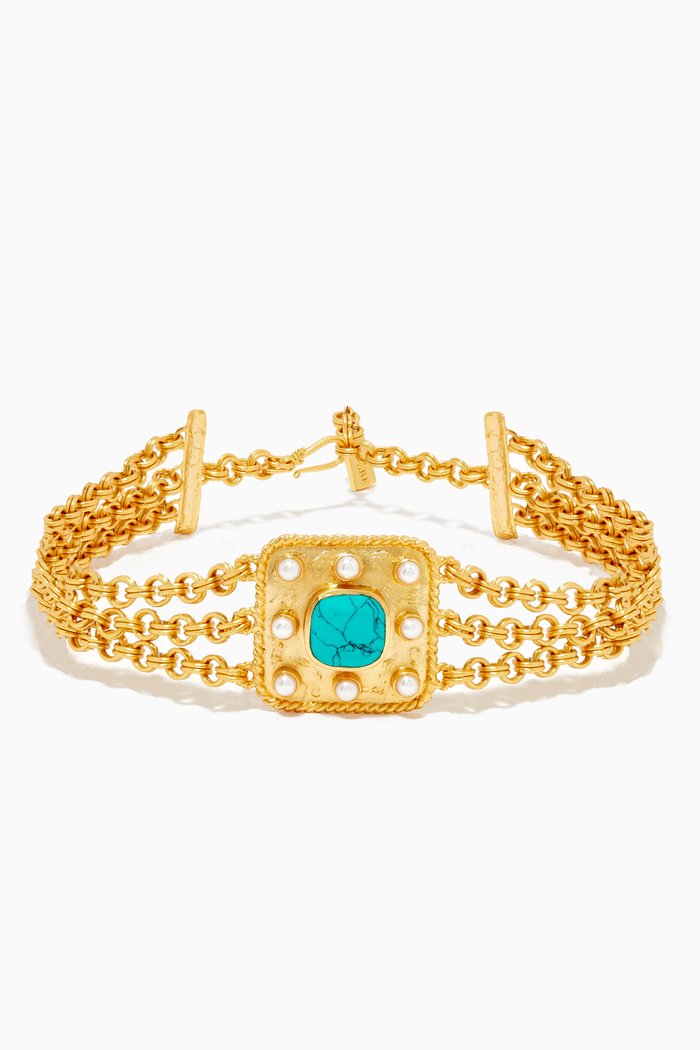 

Aurora Necklace with Turquoise & Pearl Stones in 24kt Gold Plating, Blue