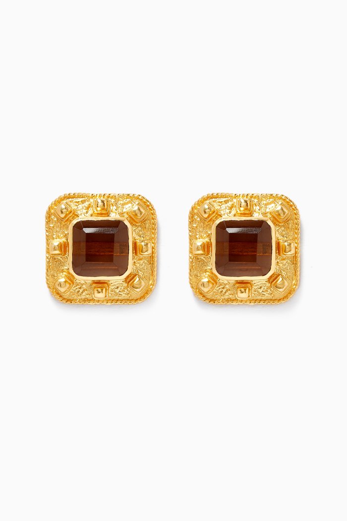 Compass Stud Earrings in 24kt Gold Plating, Brown