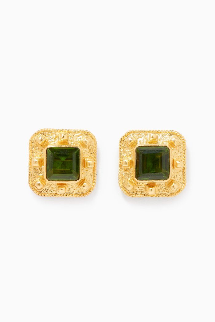 

Compass Stud Earrings in 24kt Gold Plating, Green