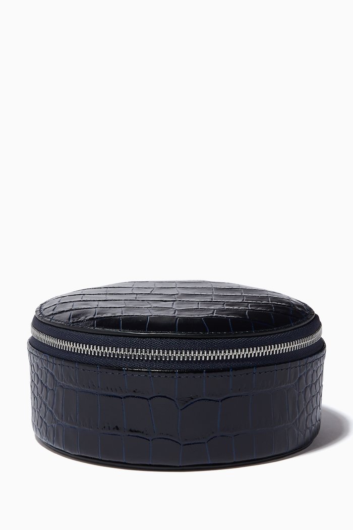 

Mara Round Trinket Case in Crocodile Embossed Leather, Blue
