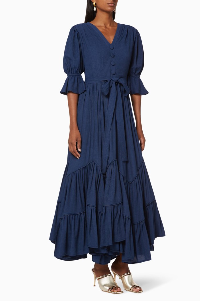 

Asymmetric Tiered Cotton Dress, Blue