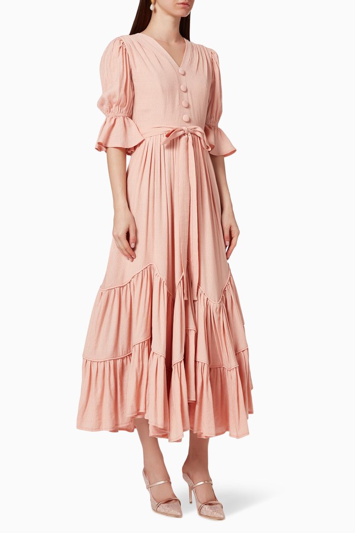 

Asymmetric Tiered Cotton Dress, Pink
