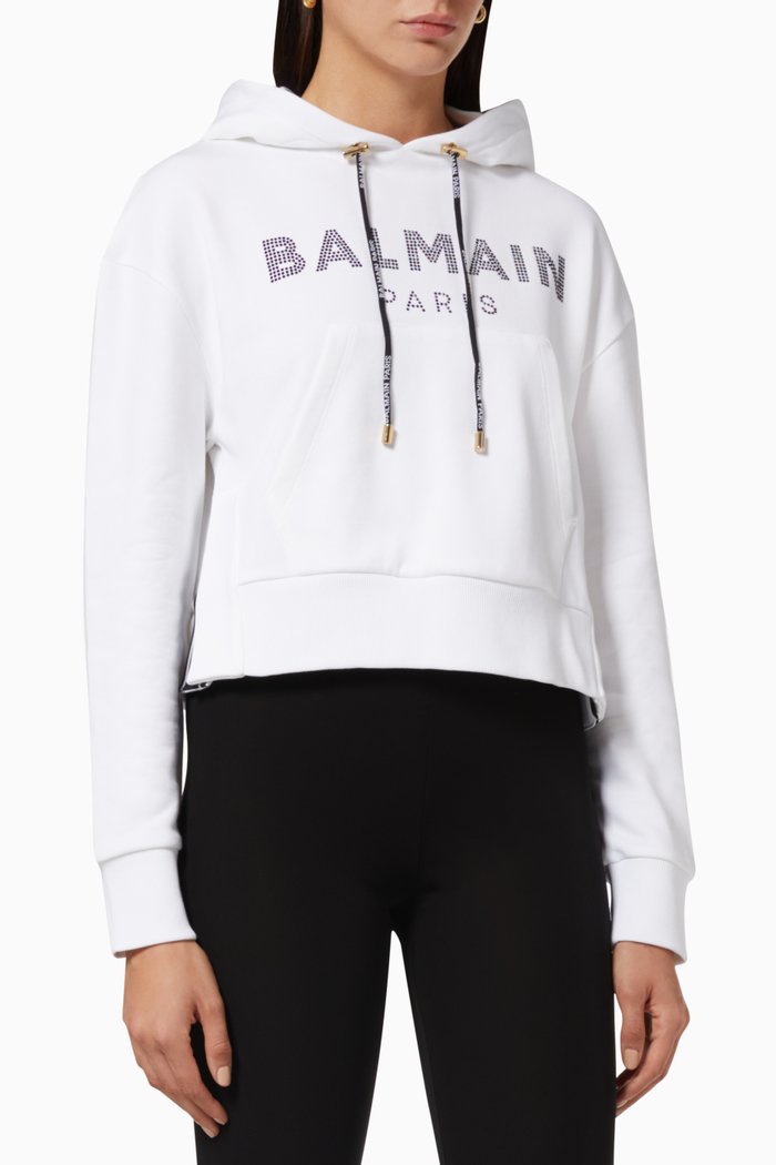 

Strass Logo Cotton Cropped Hoodie, White