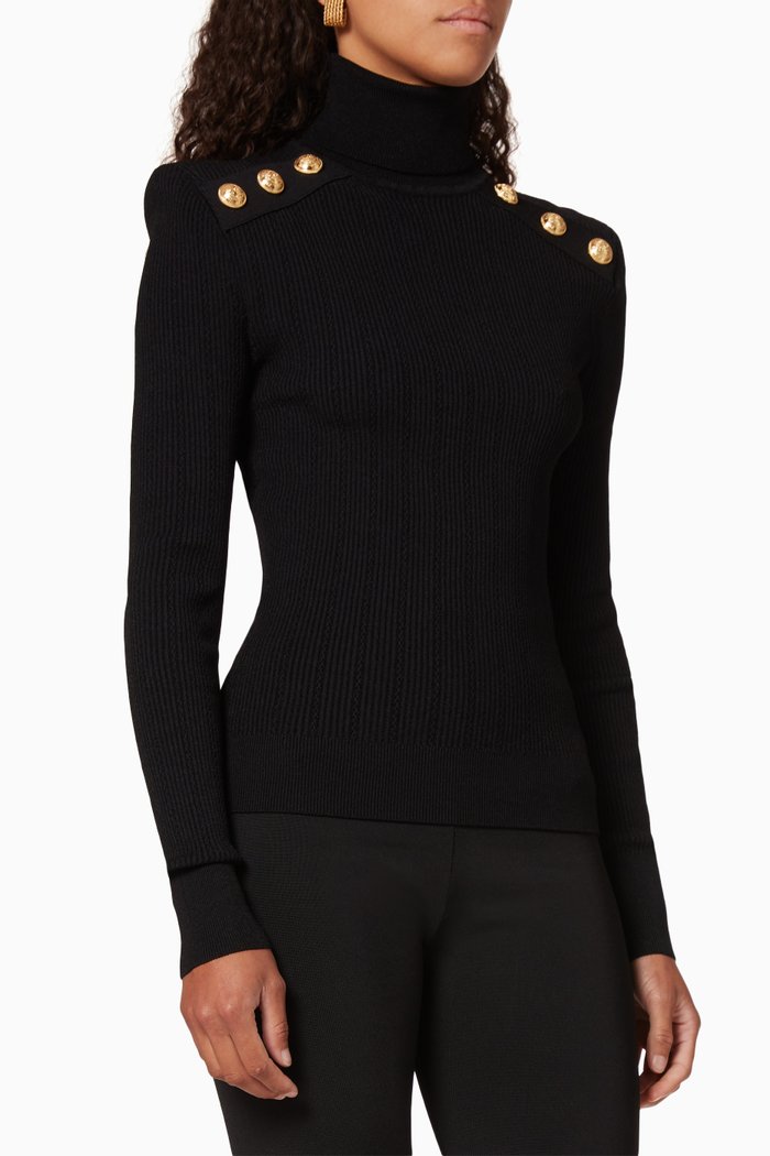 

Button-Embellished Turtleneck Sweater, Black