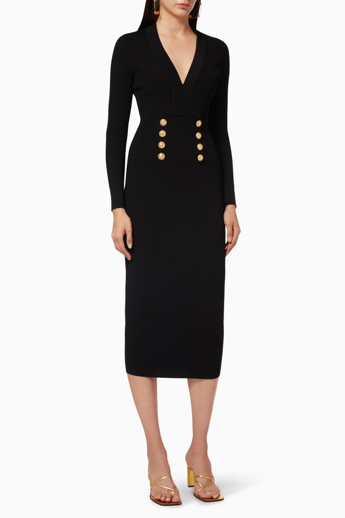 

Midi Knit Dress with Buttons, Black