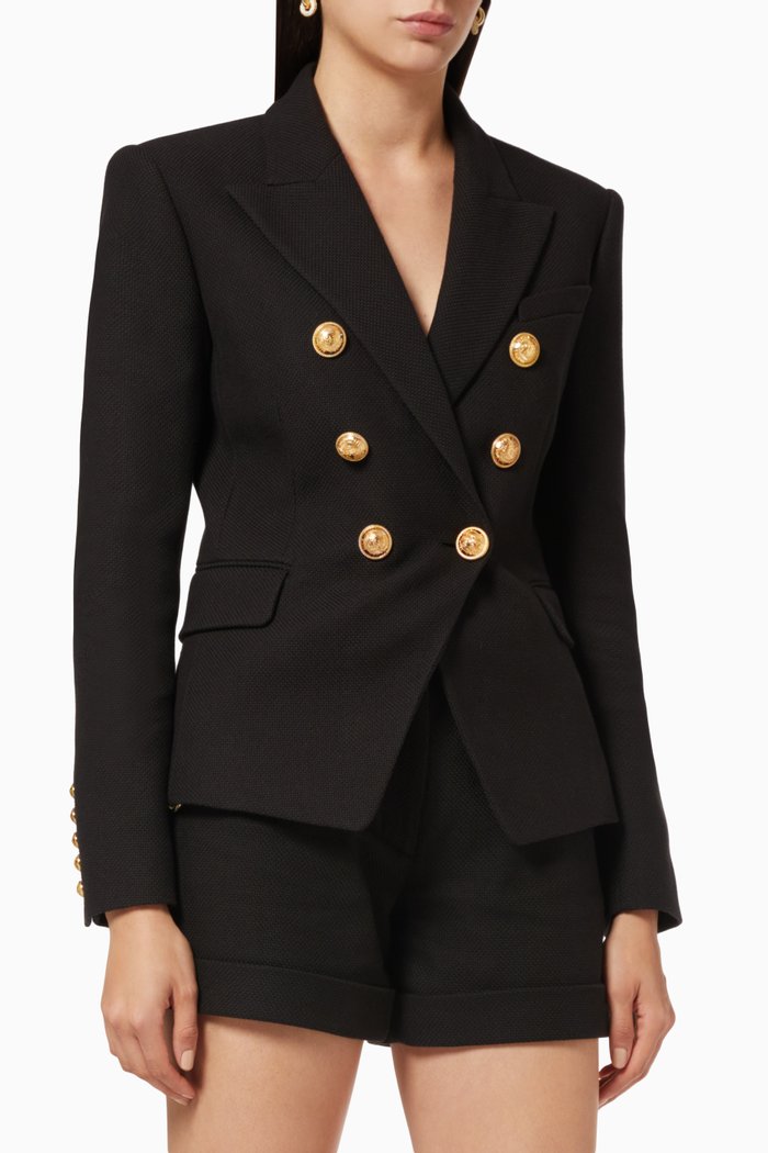 

Cotton Piqué Double-Breasted Jacket with Buttons, Black